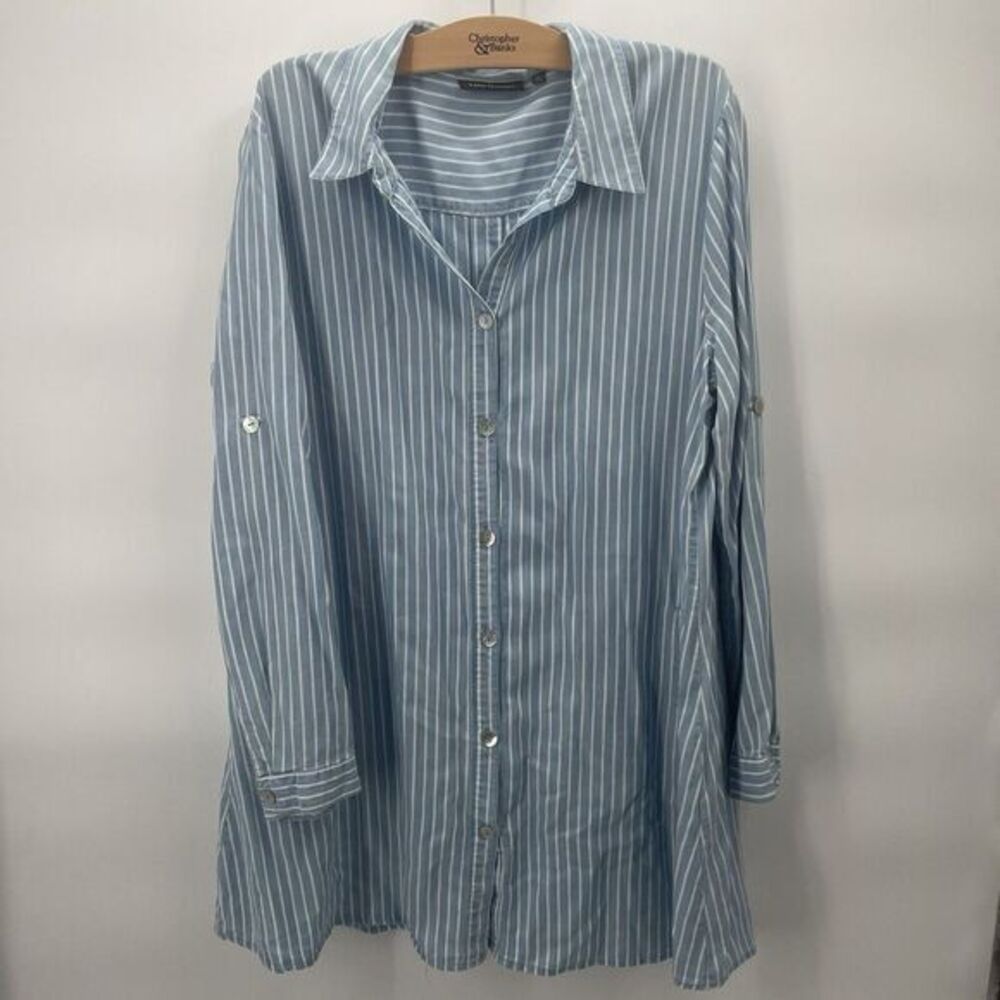 T&D Designs 100% Vertical Blue/White Stippped Long sleeve Shirt Dress Pockets XL